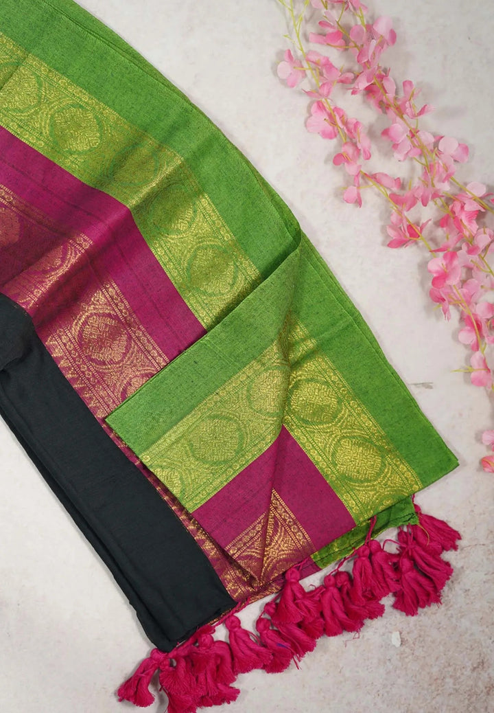 Jet Black Mul cotton Saree with 2 colors Border | SHOBITAM