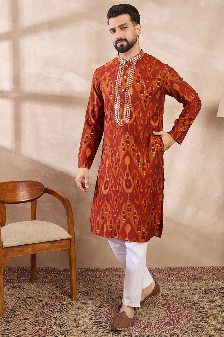Orange Silk Blend Chevron Printed Straight Kurta For Men | SHOBITAM