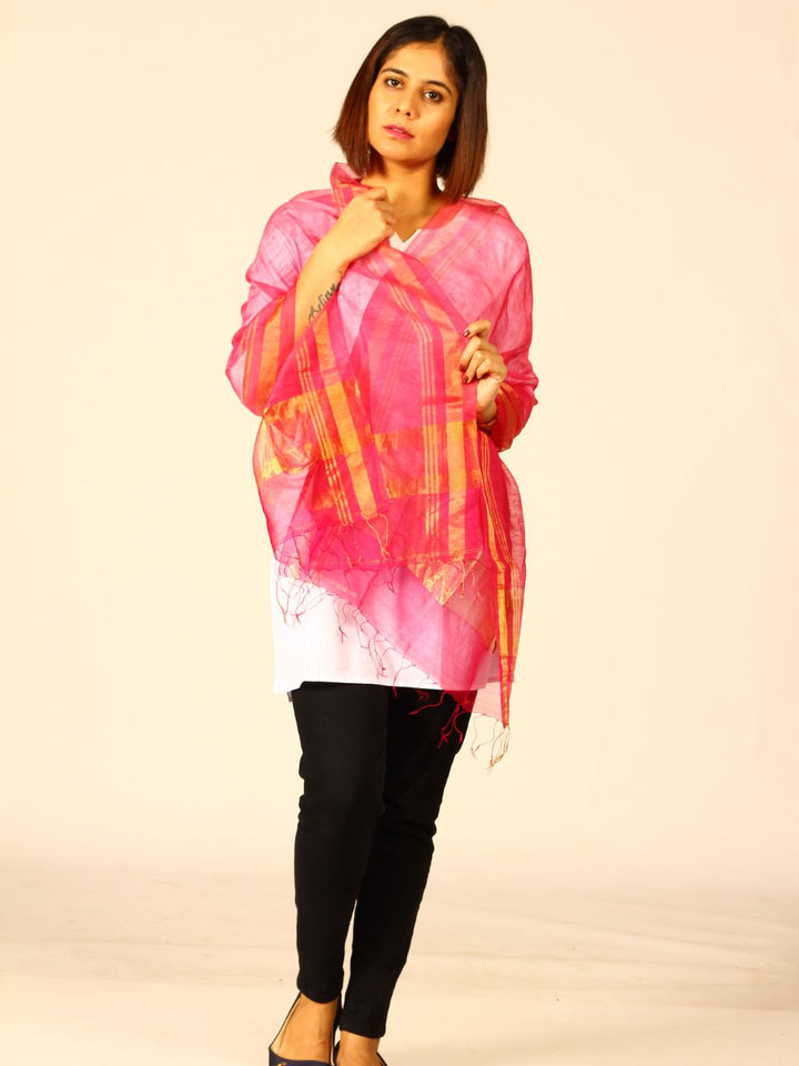 Pink Silk Linen Stole with Fringes | SHOBITAM