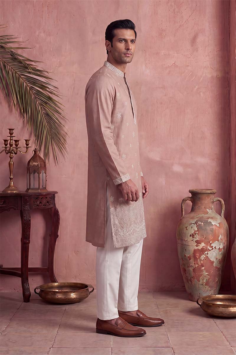 Mens Pink Silk Blend Solid Embroidered Kurta With Trousers | SHOBITAM