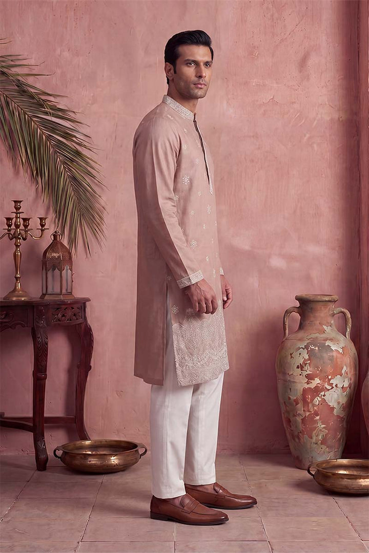 Mens Pink Silk Blend Solid Embroidered Kurta With Trousers | SHOBITAM