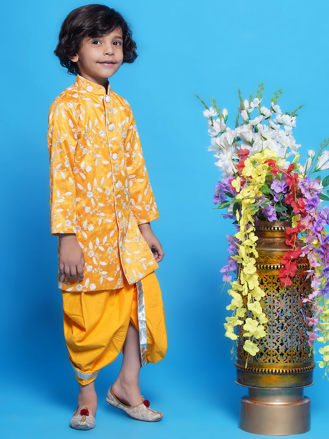 Mulberry Silk Full Sleeves Floral and Leaf Embroidery Sherwani with Dhoti - Yellow