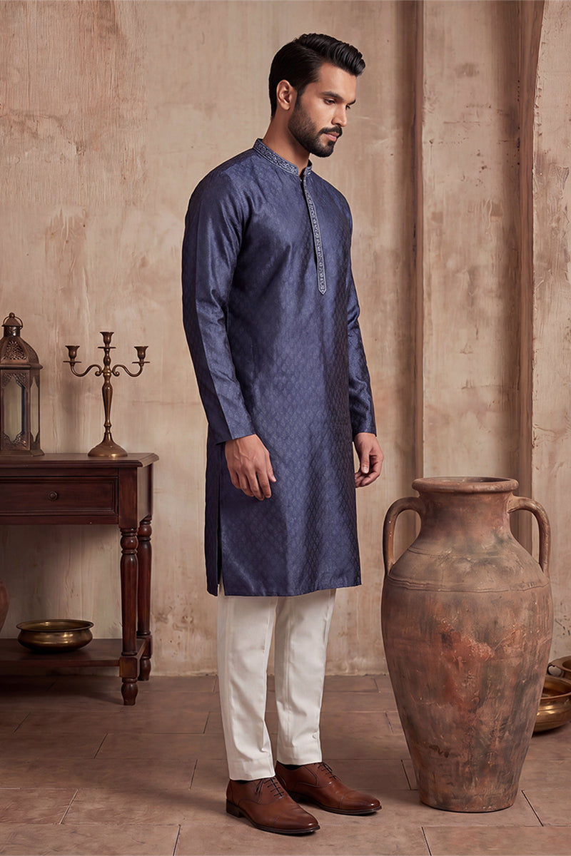 Mens Blue Jacquard Woven Design Straight Kurta With Trouser | SHOBITAM