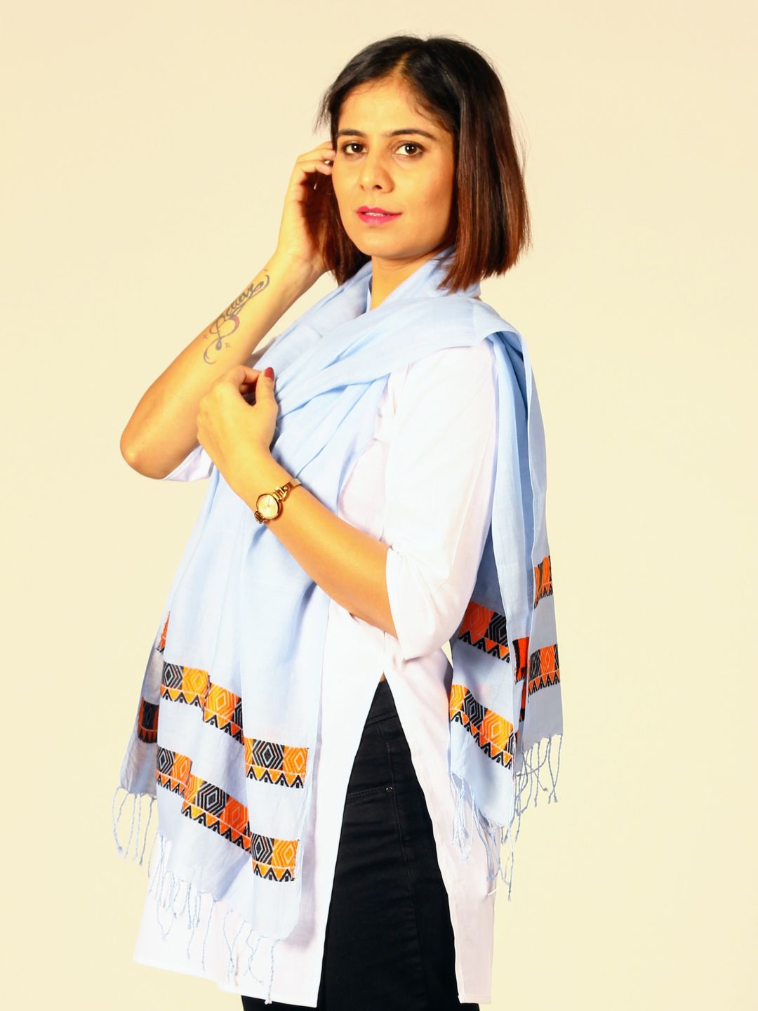 Powder Blue Assamese Cotton Stole | SHOBITAM