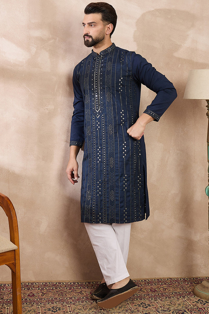 Blue Silk Blend Geometric Embroidered Straight Kurta For Men | SHOBITAM