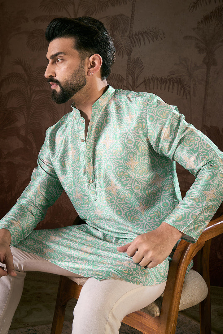 Turquoise Blue Silk Blend Abstract Printed Straight Kurta For Men | SHOBITAM