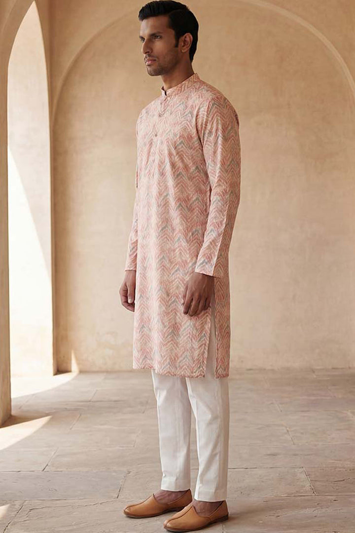 Peach Linen Printed Straight Kurta | SHOBITAM