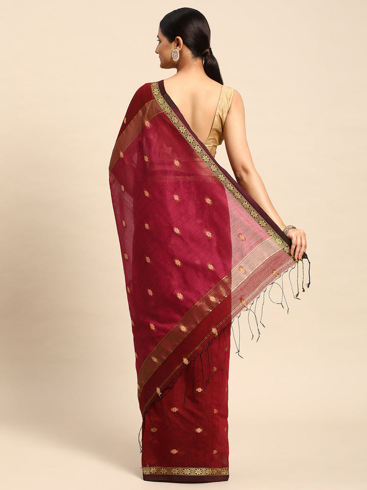 Maroon Zari Buti Silk Cotton Saree with Minimal Zari Border and Blouse piece