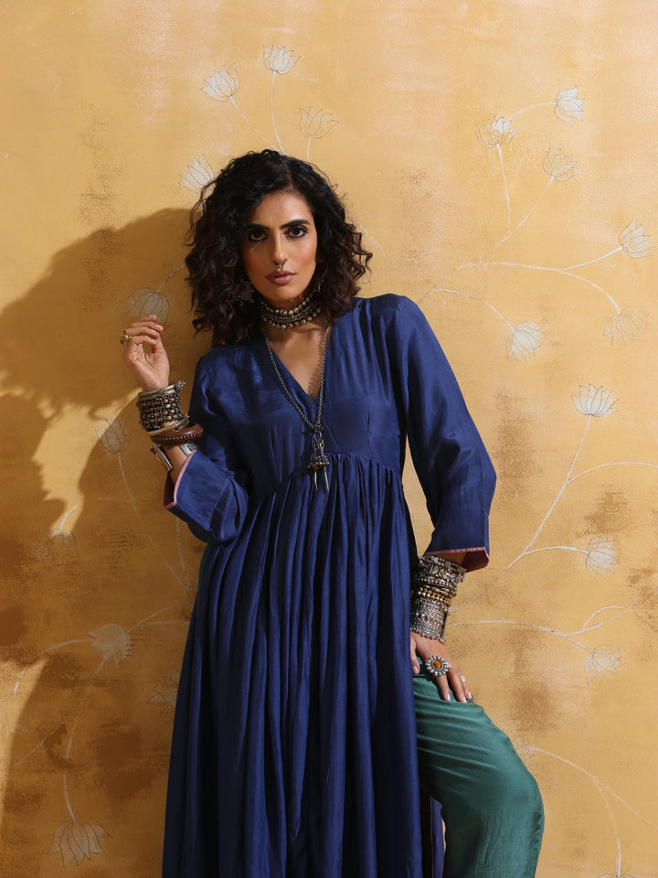 Blue Muslin Silk Anarkali Kurta Pant Set  | SHOBITAM