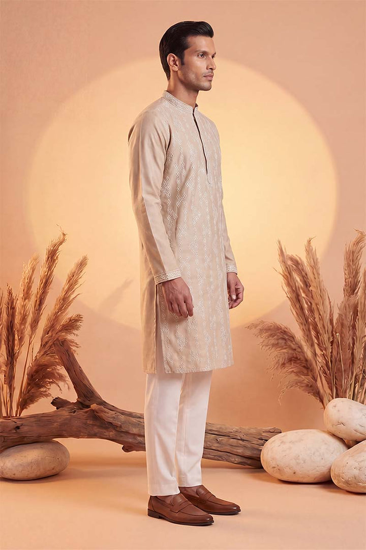 Mens Beige Silk Blend Solid Embroidered Kurta With Trousers  | SHOBITAM