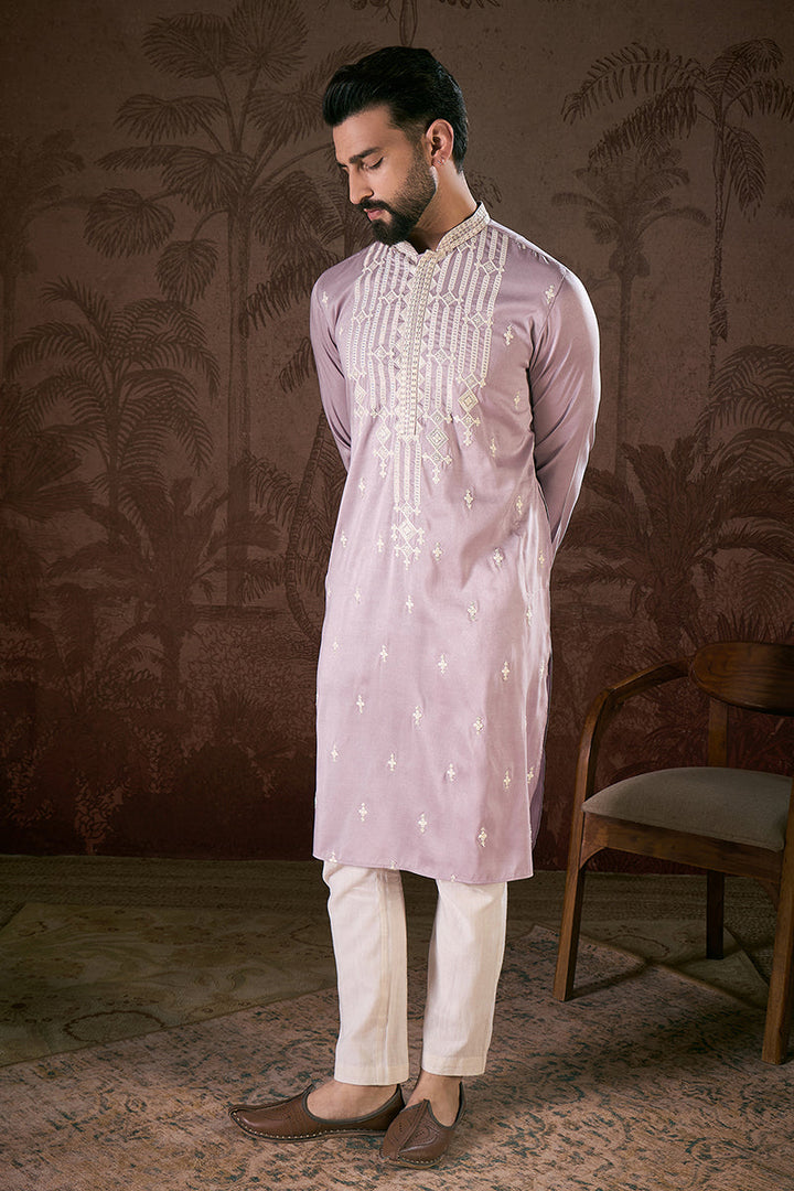 Lavender Silk Blend Solid Embroidered Straight Kurta | SHOBITAM