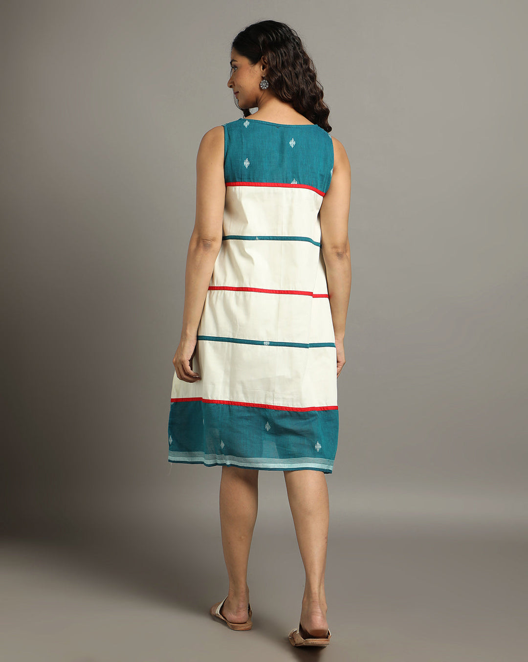 Cream Teal Green Cotton Handloom Striped dress | SHOBITAM