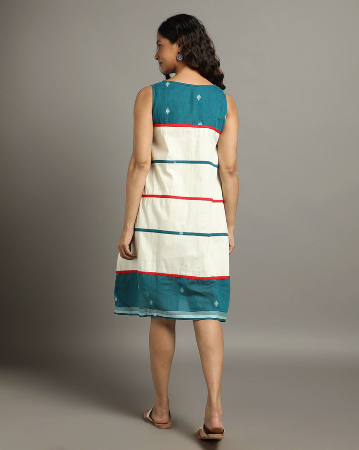 Cream Teal Green Cotton Handloom Striped dress | SHOBITAM