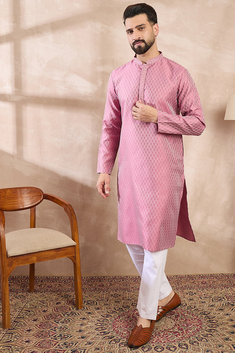 Pink Silk Blend Solid Woven Design Straight Kurta For Men | SHOBITAM