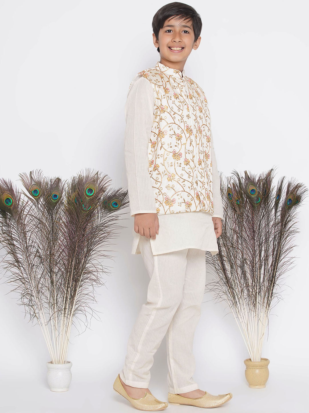 Orange Pink Floral Embroidery Jacket with Cotton Kantha kurta and Kantha Pyjama | SHOBITAM