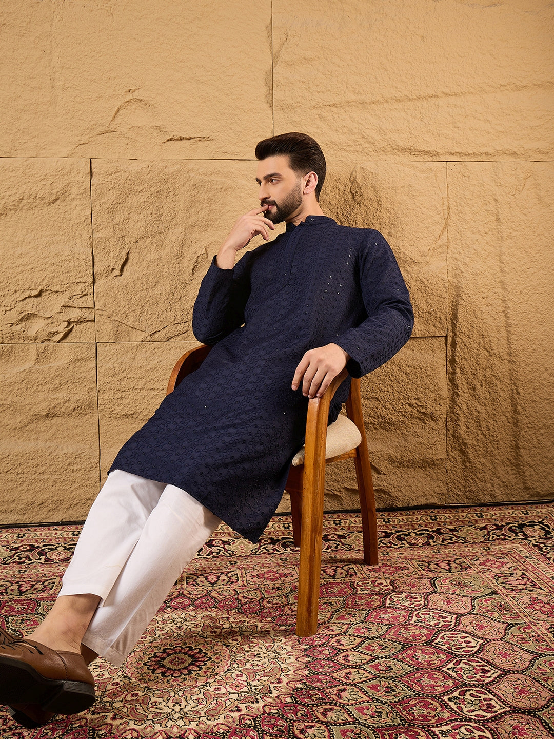 Blue Viscose Rayon Solid Embroidered Straight Kurta | SHOBITAM