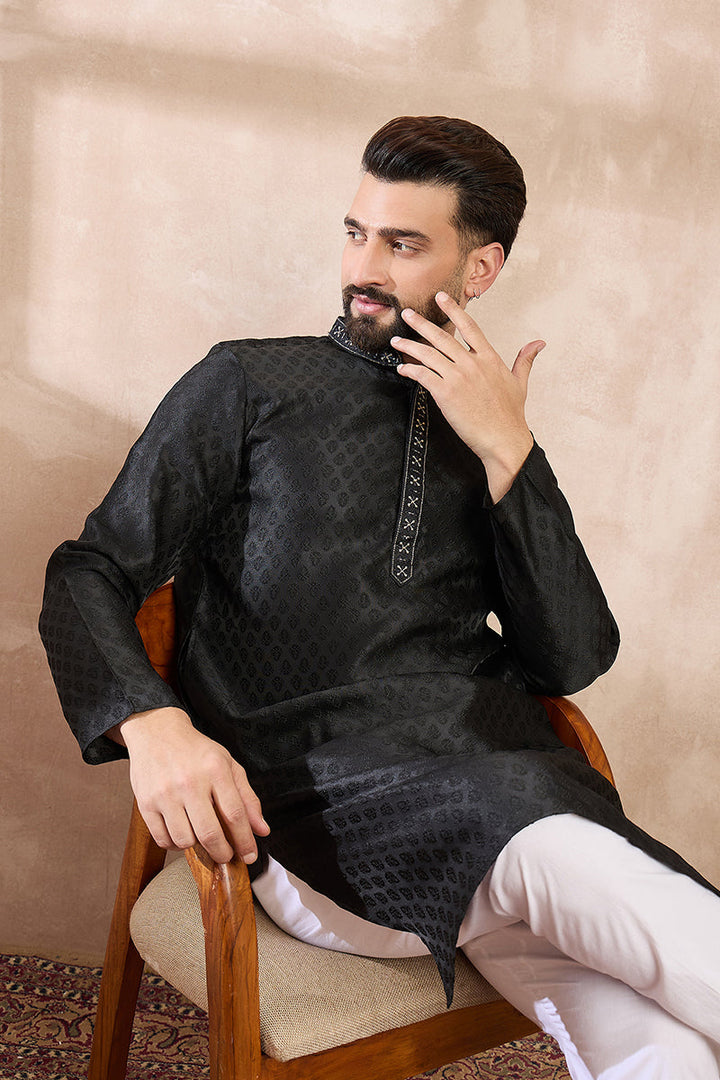 Black Silk Blend Solid Woven Design Straight Kurta With Trouser | SHOBITAM