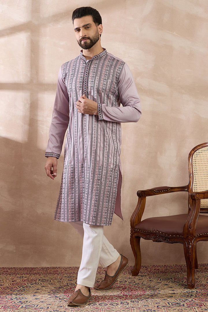 Lavender Silk Blend Embroidered Mandarin Collar Straight Kurta With Trouser | SHOBITAM