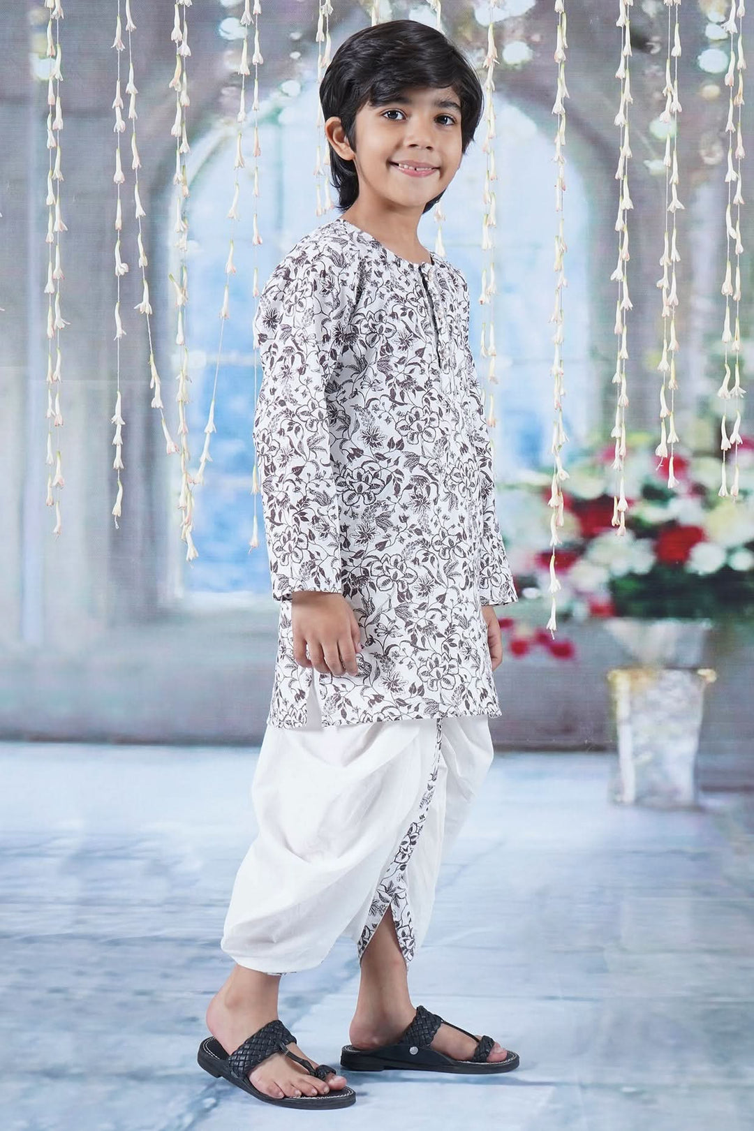 Boys Cotton Full Sleeves Kurta Dhoti with Brown Floral Print and Pearl Buttons - White | SHOBITAM