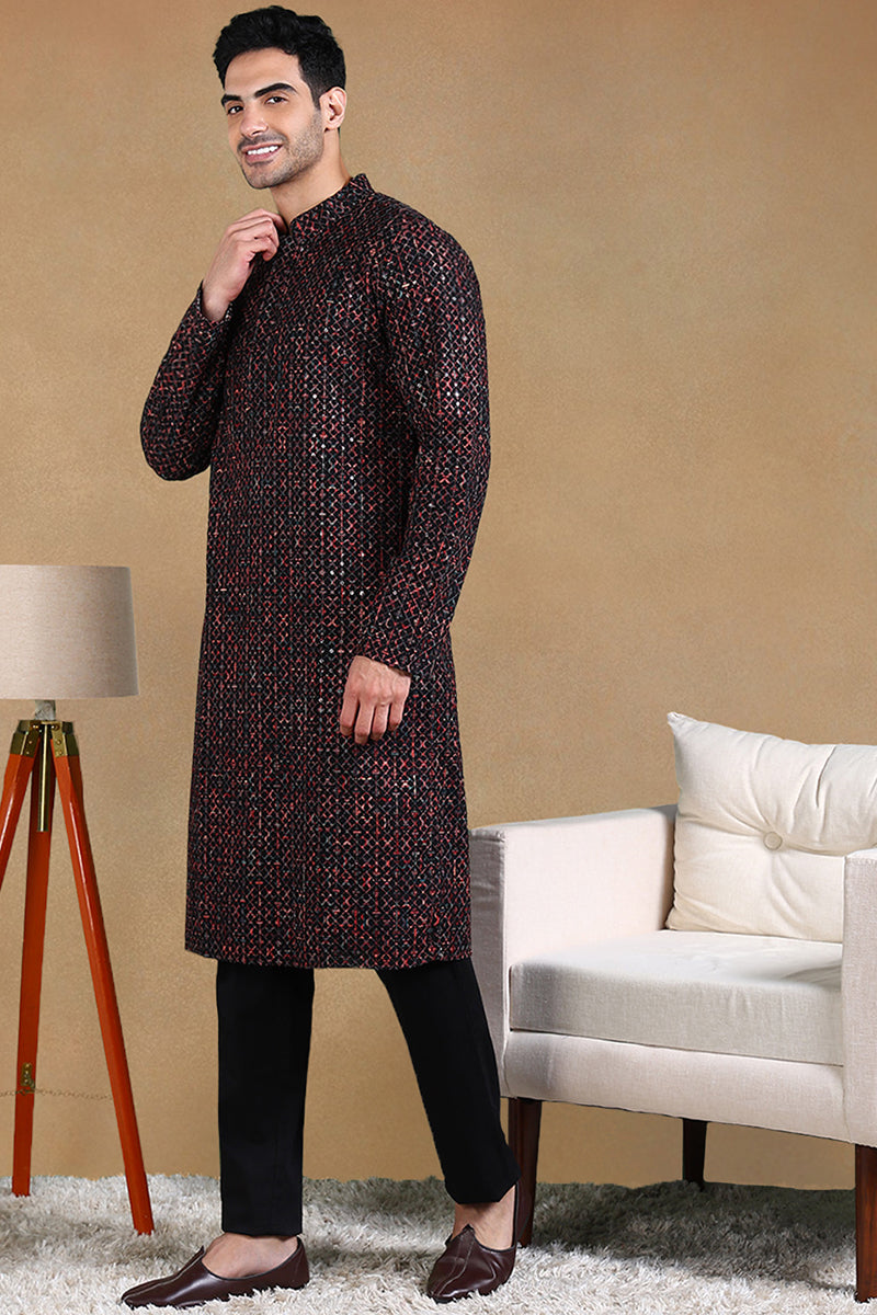 Black Viscose Rayon Ethnic Motifs Embroidered Straight Kurta For Men | SHOBITAM
