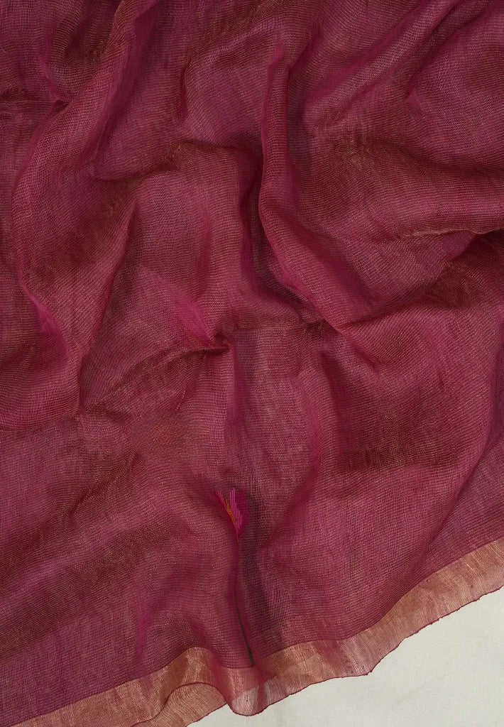 Rosewood Pink - Handloom Tissue Silk Linen Jamdani Saree - With Handloom Mark | SHOBITAM