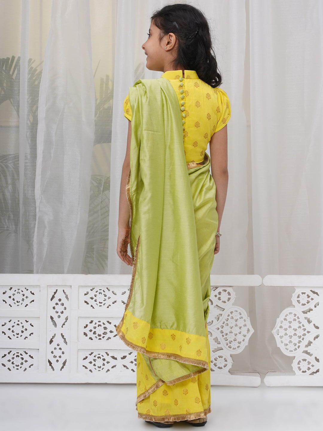 Girls Cotton Puff Sleeves Floral Embroidery Ready to wear Blouse with Ready to wear Chanderi Saree - Yellow & Green | SHOBITAM