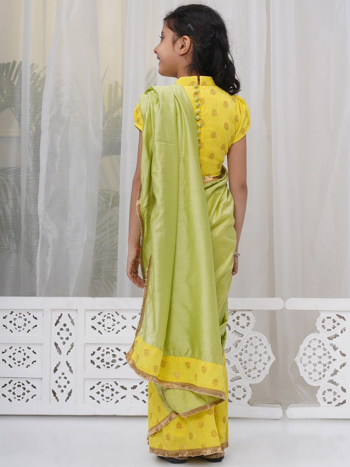 Girls Cotton Puff Sleeves Floral Embroidery Ready to wear Blouse with Ready to wear Chanderi Saree - Yellow & Green | SHOBITAM