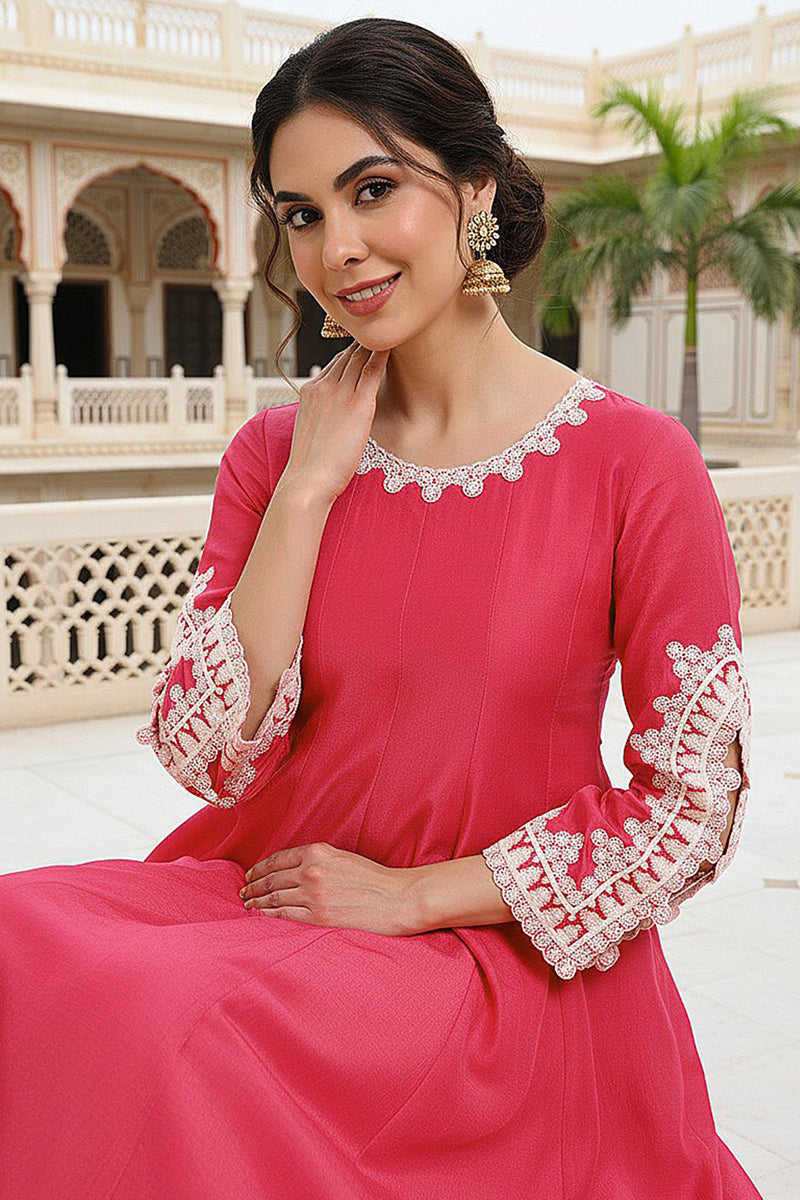 Pink Silk Blend Solid Embroidered Flared Suit Set | SHOBITAM