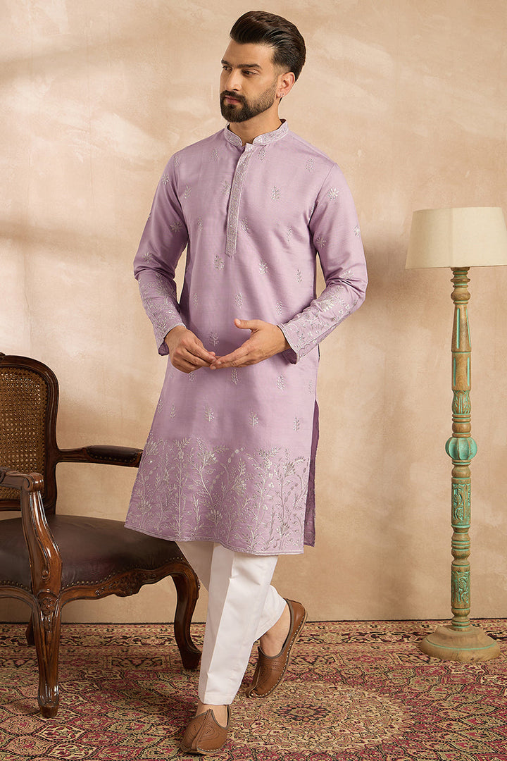 Lavender Silk Blend Floral Embroidered Straight Kurta | SHOBITAM