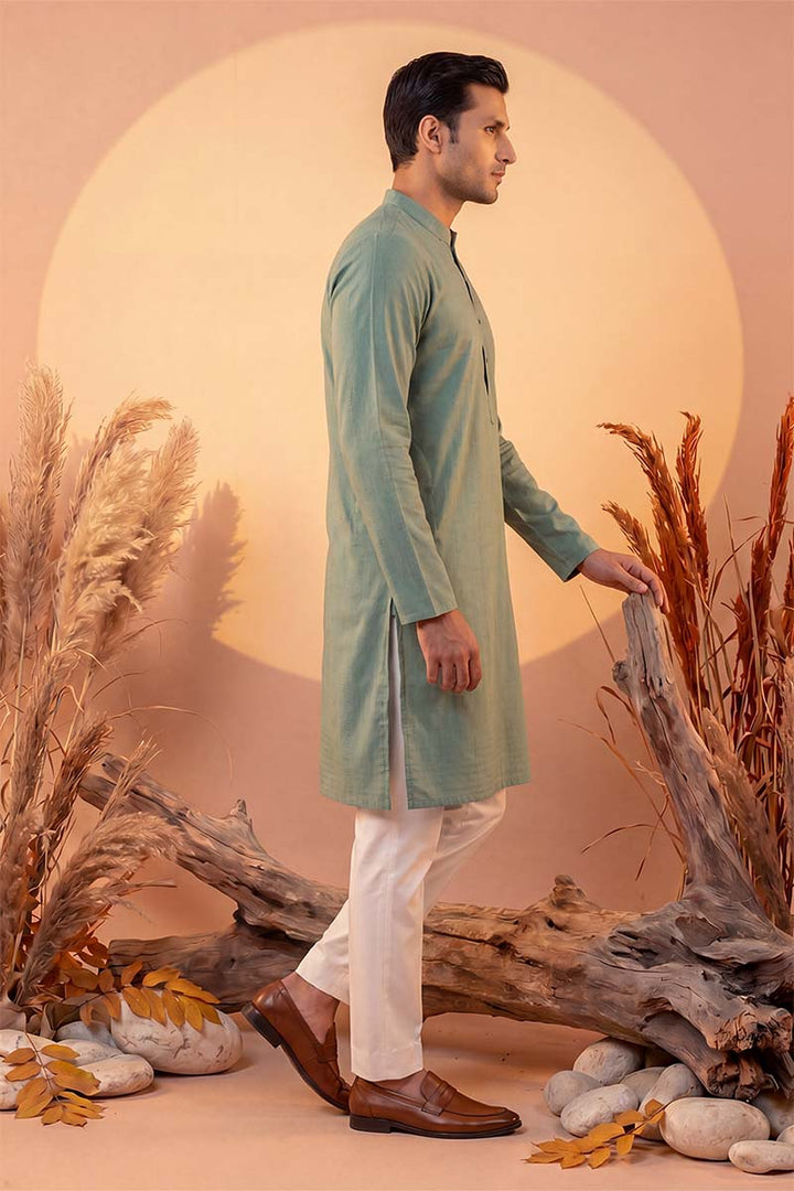 Mens Green Silk Blend Solid Solid Kurta With Trousers | SHOBITAM