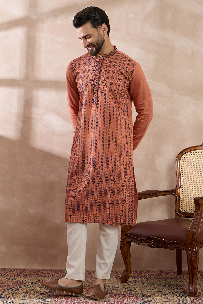 Orange Silk Blend Embroidered Mandarin Collar Straight Kurta With Trouser | SHOBITAM