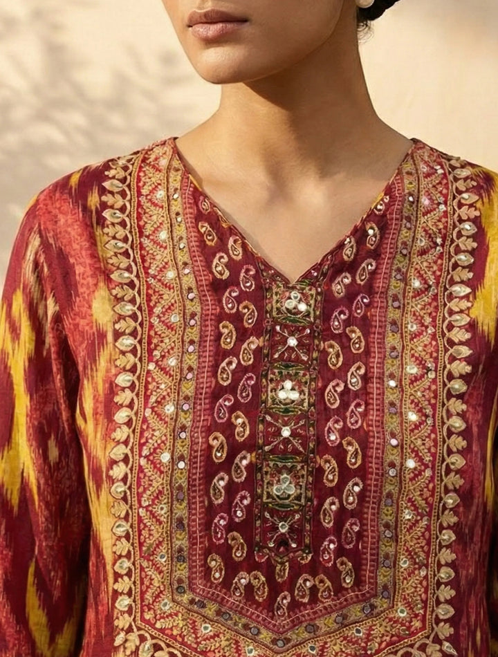 Red Ikat Print Embroidered V-Neck Kurta Pant Dupatta Set| SHOBITAM