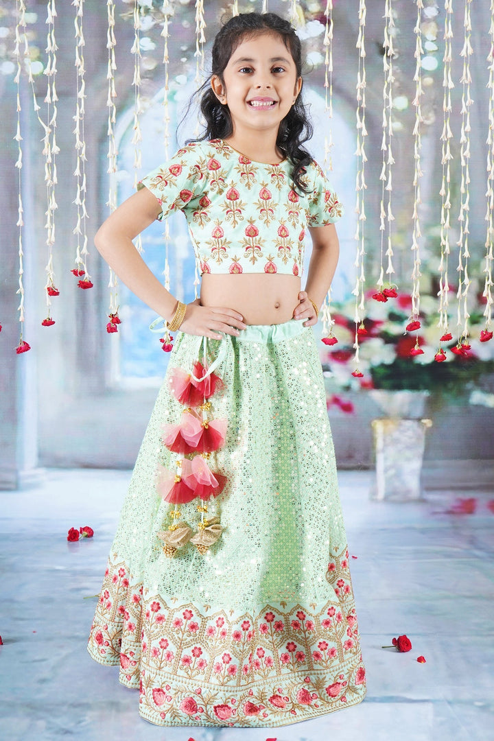 Girl Bageecha Floral Thread work Blouse with Mirror work Lehenga and Sequin moti work Dupatta, accompanied with Hand made tassel and Ghungroo work | SHOBITAM