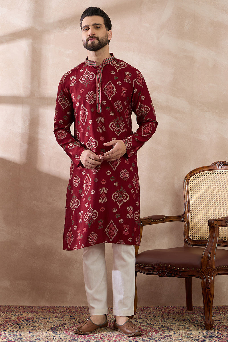 Red Silk Blend Printed Mandarin Collar Straight Kurta For Men | SHOBITAM