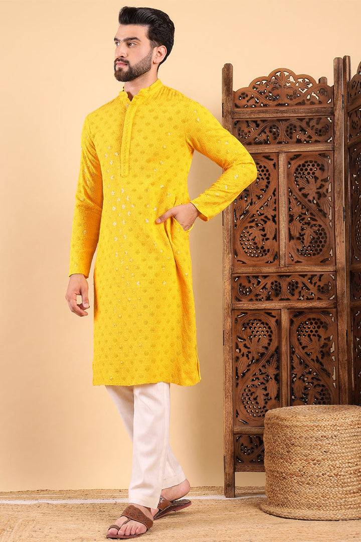 Yellow Viscose Rayon Solid Embroidered Straight Kurta For Men | SHOBITAM