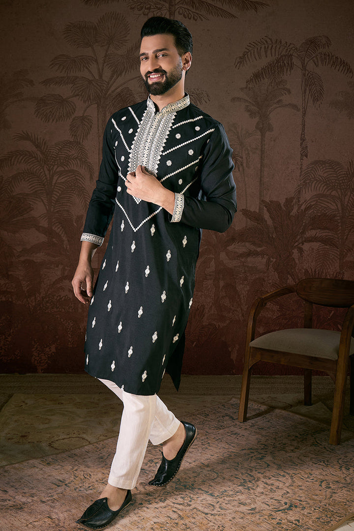 Black Silk Blend Solid Embroidered Straight Kurta For Men | SHOBITAM