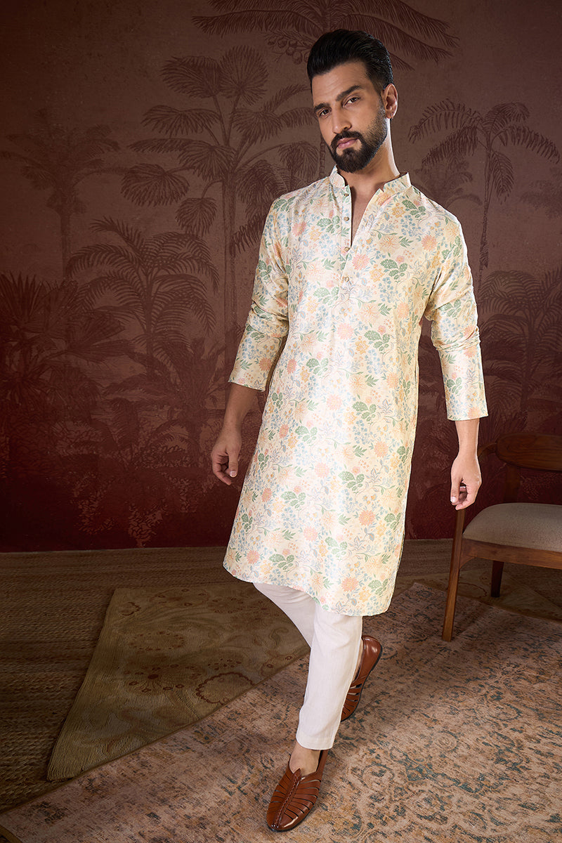 Off White Silk Blend Floral Printed Straight Kurta For Men | SHOBITAM