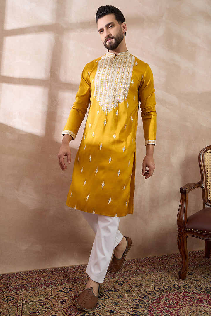 Yellow Silk Blend Embroidered Mandarin Collar Straight Kurta | SHOBITAM
