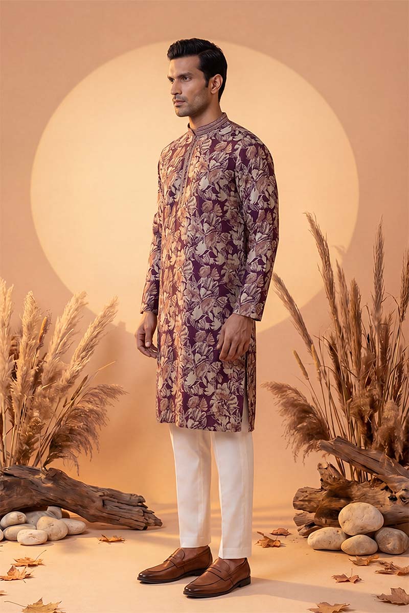 Mens Purple Viscose Rayon Floral Printed Kurta With Trousers | SHOBITAM