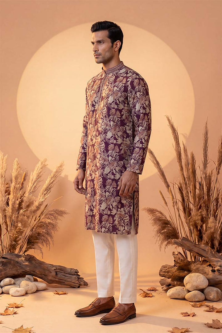 Mens Purple Viscose Rayon Floral Printed Kurta With Trousers | SHOBITAM