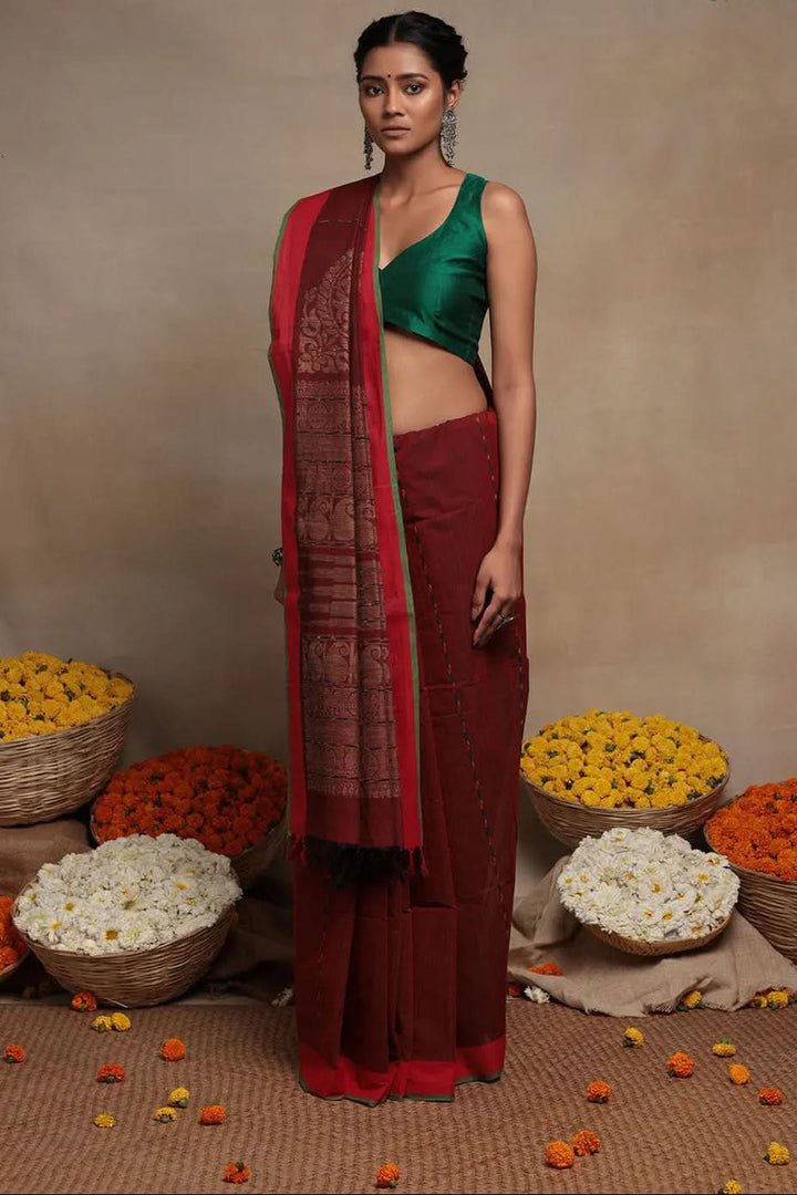 Traditional Maroon Handloom Cotton Kanchi Saree | SHOBITAM