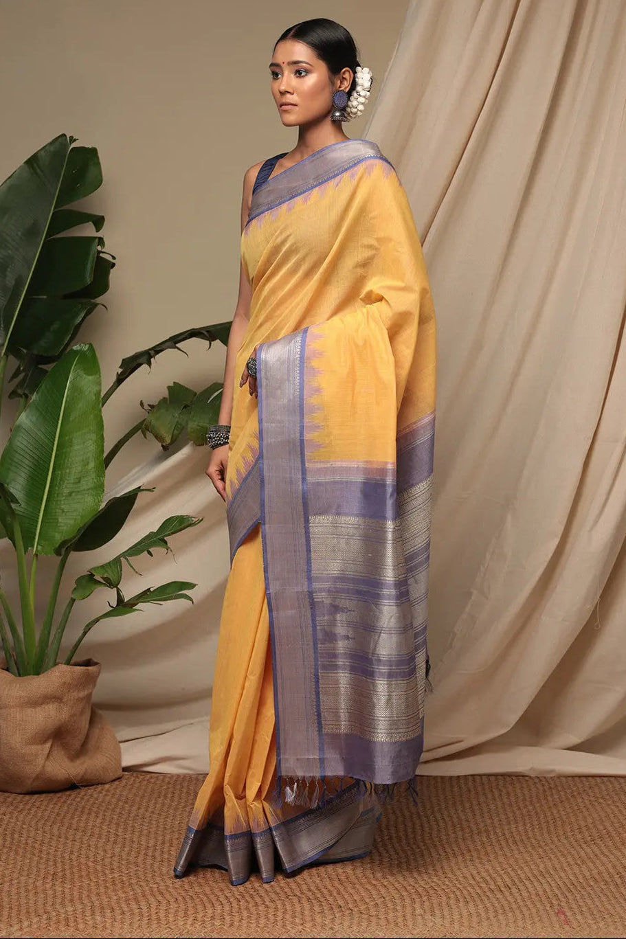 Handloom Butter Yellow Pure Cotton Kanchi Saree With Pure Silk Border And Pallu | SHOBITAM
