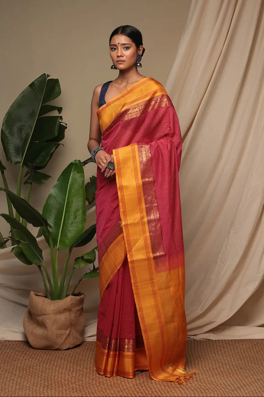 Handloom Candy Red Pure Cotton Kanchi Saree With Pure Silk Border And Pallu | SHOBITAM