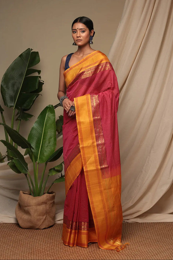 Handloom Candy Red Pure Cotton Kanchi Saree With Pure Silk Border And Pallu | SHOBITAM