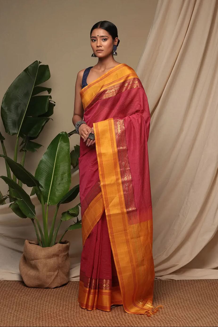 Handloom Candy Red Pure Cotton Kanchi Saree With Pure Silk Border And Pallu | SHOBITAM