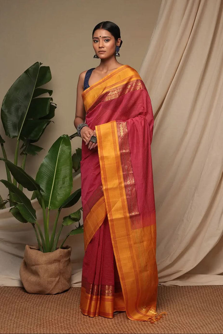 Handloom Candy Red Pure Cotton Kanchi Saree With Pure Silk Border And Pallu | SHOBITAM