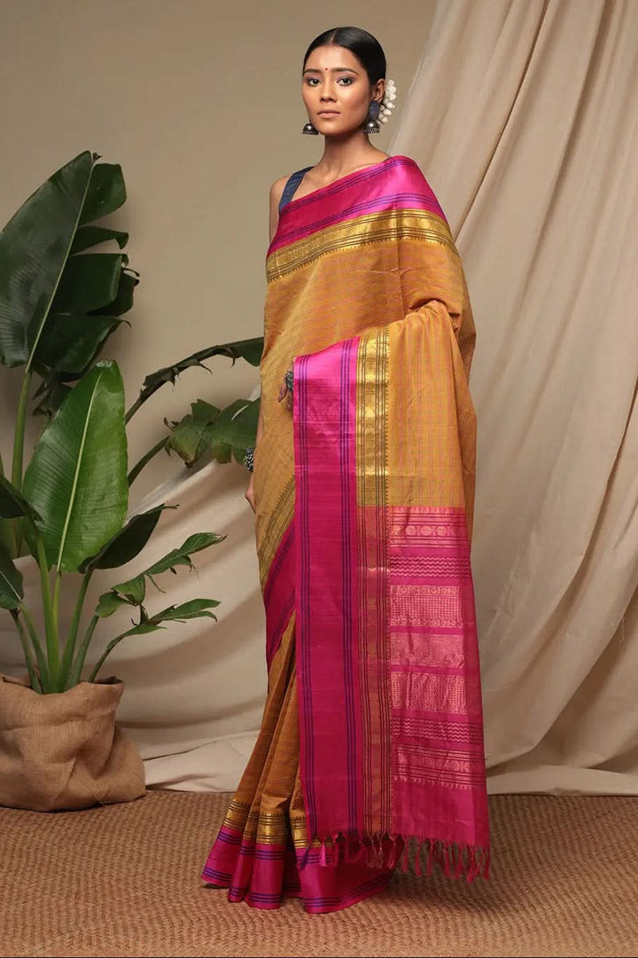Handloom Honey Yellow Pure Cotton Kanchi Saree With Pure Silk Border And Pallu | SHOBITAM