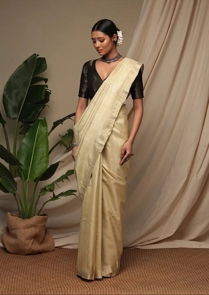 Handloom Almond White Pure Tussar Silk Saree With Zari Border | SILK MARK CERTIFIED | SHOBITAM