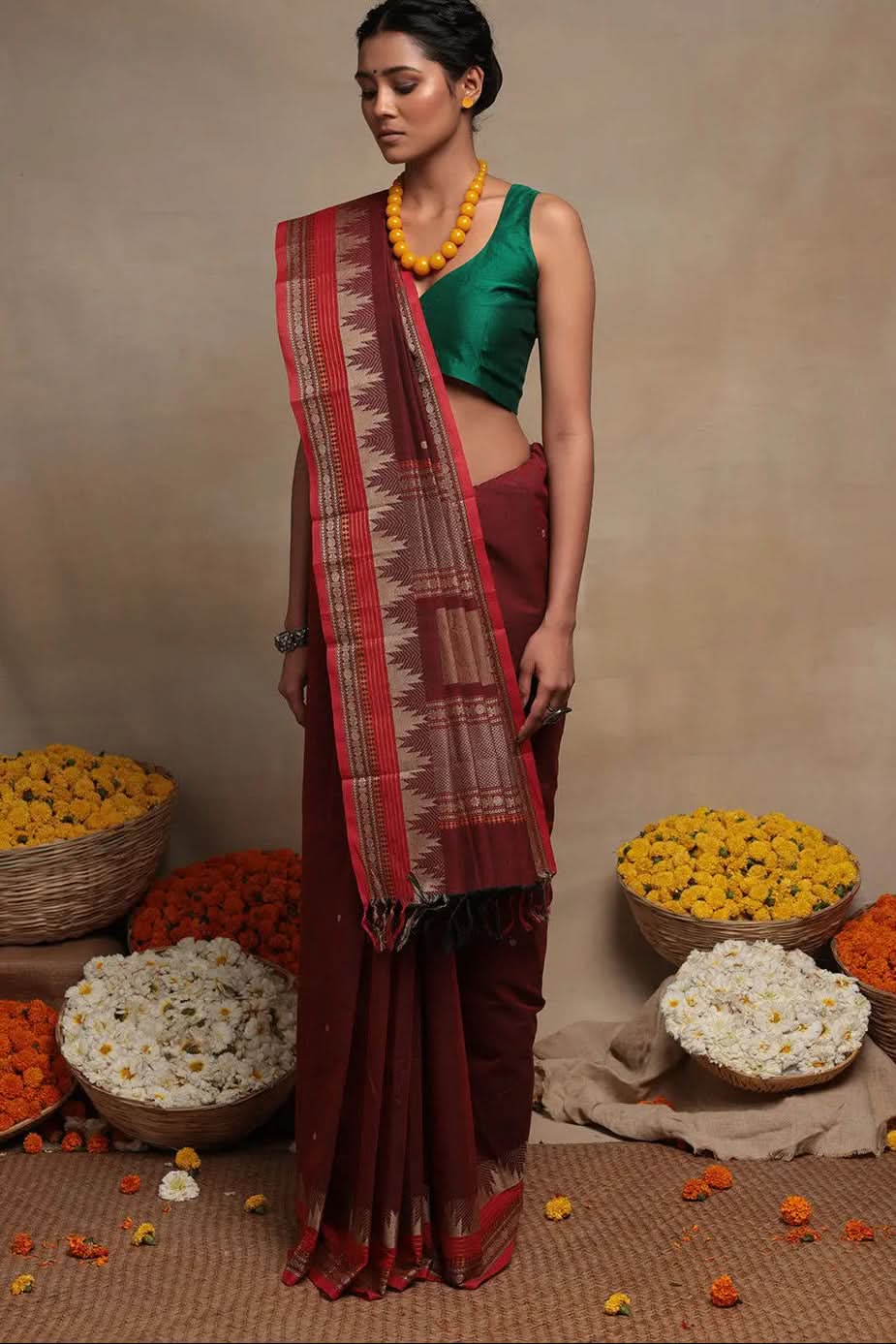 Maroon Handloom Pure Cotton Kanchi Saree | SHOBITAM