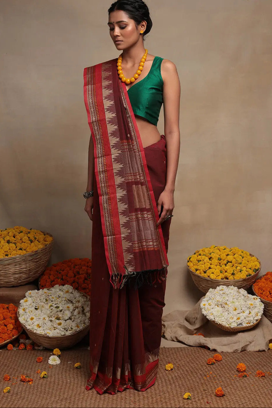 Maroon Handloom Pure Cotton Kanchi Saree | SHOBITAM